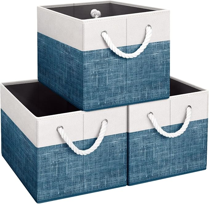 Fab totes Storage Bins [3-Pack], Foldable Storage Baskets for Organizing Toys, Books, Shelves, Closet, Large Storage Box with Rope Handles, Sturdy Organizer Bins, White & Blue by Fabtotes