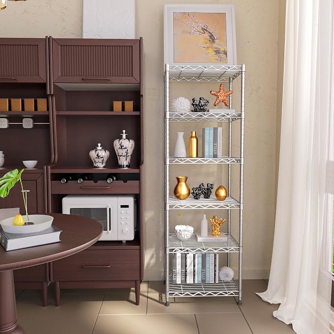 GIOTORENT 6-Tier Storage Shelves Standing Shelving Metal Units, Adjustable Height Wire Shelf Display Rack for Pantry Laundry Bathroom Kitchen 16.6” x 11.8” x 63”, Silver - Image 4