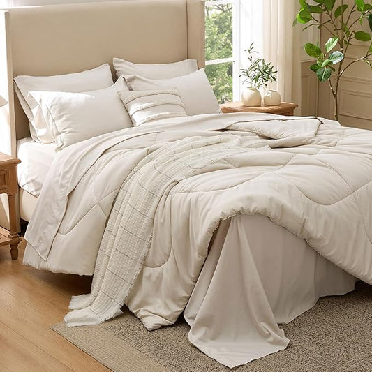 Bedsure 7 Pieces King Comforter Set Premium Series, Hotel Luxury Soft Bed in a Bag, Goose Down Alternative, Safe for Sensitive Skin Bedding Comforter All Season Medium Warmth, Beige Wavy Quilted