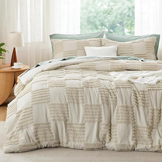 Bedsure Full Size Comforter Set Linen, Boho Tufted Bed Set, Grande Checkered Farmhouse Shabby Chic Bedding, 3 Pieces, 1 Plaid Geometric Comforter and 2 Pillow Shams