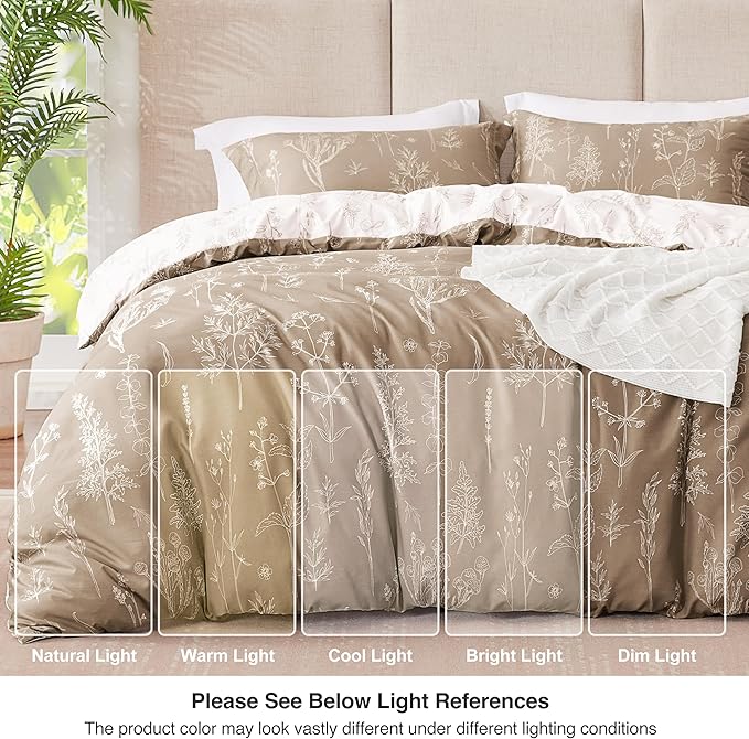 Love's cabin Light Taupe Comforter Set King - King Size Comforter Set, 3 Pieces Cute Floral Bedding Sets for All Seasons,1 Soft Reversible Botanical Flowers Comforter and 2 Pillow Shams
