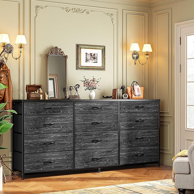 Romorgniz 55" Long Dresser for Bedroom with 12 Fabric Drawers, Entertainment Center for 60 inch TV Dressers & Chests of Drawers Large Organizer, Living Room, Metal Frame, Wood Top, Black