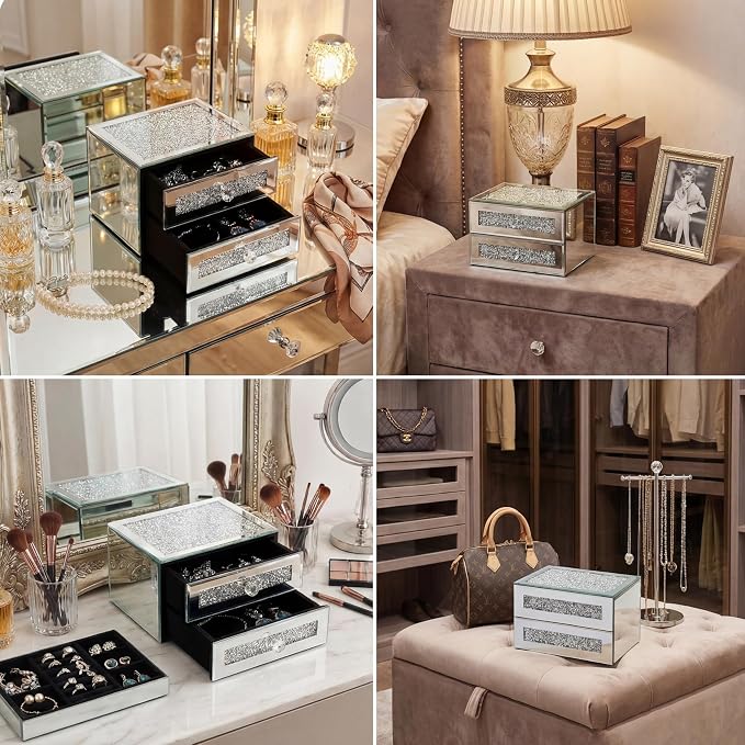 Kenning Silver Jewelry Box 2 Layer Glass Box for Women Mother's Day Crystal Jewelry Organizer Storage Luxury Necklaces Earrings Rings Bracelets Organizer for Mom Gift Decoration - Image 5