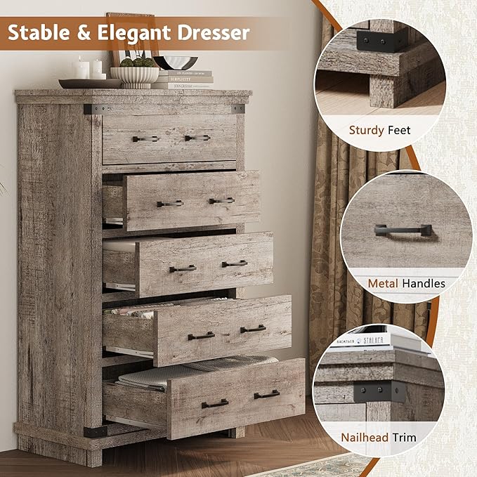 AMERLIFE 5 Pieces Farmhouse Bedroom Set, Includes Rustic King Bed Frame with 51" Tall Headboard, 6 Drawer Dresser, 5 Drawer Tall Chest, Nightstands Set of 2 with Charging Station, Rustic Grey