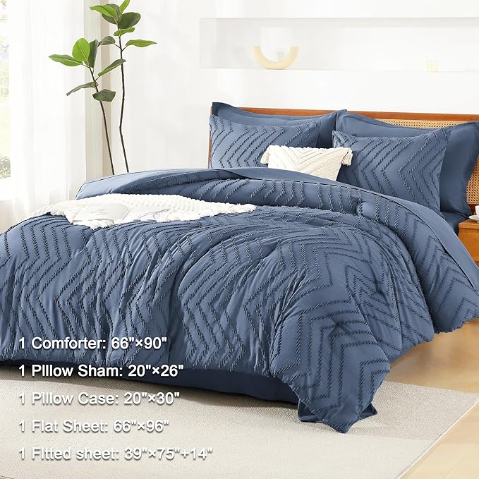 Litanika Twin Comforter Set with Sheets Ocean Blue - 5 Pieces Boho Tufted Shabby Chic Bed in a Bag, Fluffy Soft Farmhouse Bed Set for All Seasons