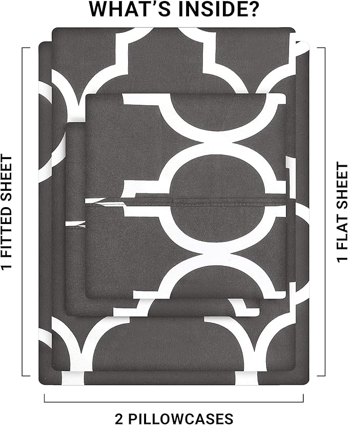 Utopia Bedding Queen Sheet Set, Soft Microfiber 4 Piece Bed Sheets with 15" Deep Pocket - Easy Care Brushed Microfiber (Quatrefoil - Grey)
