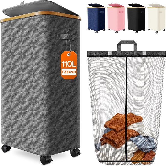 Laundry Hamper with Wheels, 110L Large Clothes Hamper with Removable Inner Bag, Collapsible Dirty Clothes Basket for Dorm, Rolling Dirty Clothes Basket for, Bedroom, Bathroom, Laundry Room by Fzzcvo