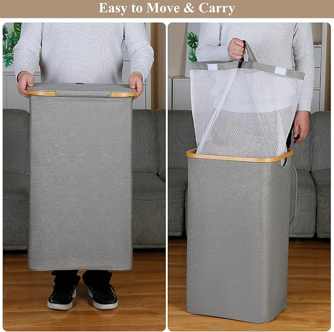 iEGrow Laundry Hamper with Lid, 110L Large Laundry Hamper with Handle and Lid, Collapsible Clothes Basket Organizer with Removable Inner Bag for Clothes Toys Towels - Grey - Image 2