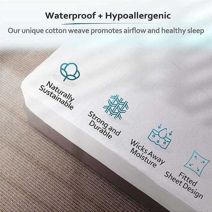 PlushDeluxe Twin-XL Cotton Mattress Protector – Waterproof Cover with Fitted Sheet Design – Soft and Durable Mattress Pad for Noiseless Sleep – Easy to Install and Clean