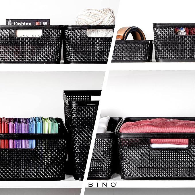BINO | Woven Plastic Basket | Large (Black), 3-Pack | THE JUTE COLLECTION | Home Organization, Space - Saving Storage, Stylish Design | Jute Basket | Plastic Storage Basket - Image 4