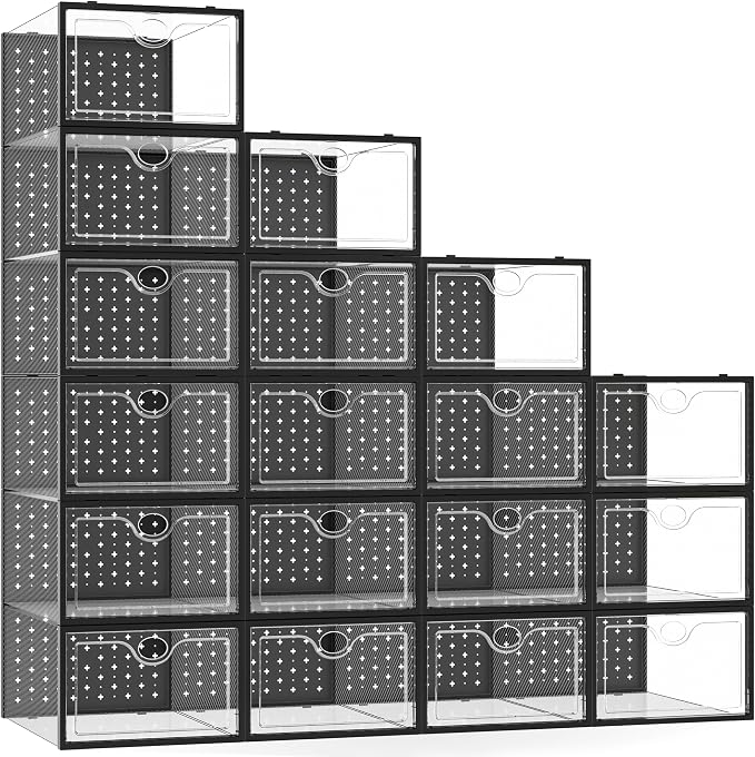 Pinkpum 18 Pack X-Large Shoe Storage Boxes Fit Size 12, Shoe Organizer for Closet Clear Plastic Stackable Shoe Dispaly Case Holder Bins, Sneaker Storage for Sneakerheads Black by Pinkpum