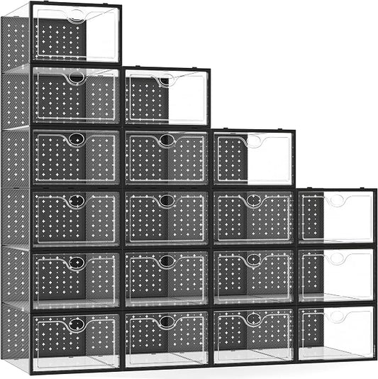 Pinkpum 18 Pack X-Large Shoe Storage Boxes Fit Size 12, Shoe Organizer for Closet Clear Plastic Stackable Shoe Dispaly Case Holder Bins, Sneaker Storage for Sneakerheads Black by Pinkpum