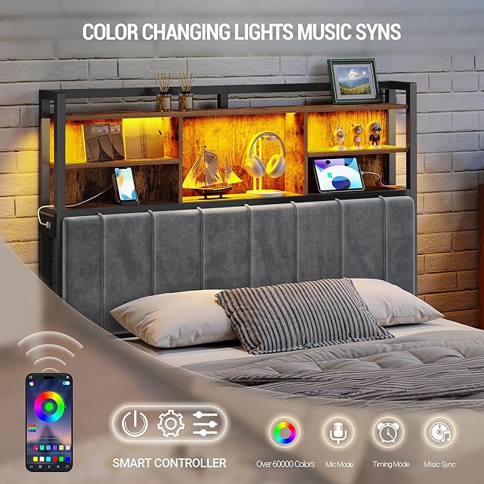 Hzuaneri Headboard with 3-Tier Storage Shelves, Velvet Upholstered Head Board with 2 Outlets, USB Ports & LED Light, Soft Backrest for Full Size Bed, Rustic Brown and Black BH13801B