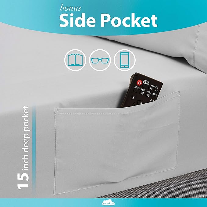 DREAMCARE Twin Sheets - 3 pcs Breathable Cooling Bed Sheets - up to 15" Deep Pocket Twin Bed Sheets with Side Pockets - Extra Soft 100% Brushed Hypoallergenic Hotel Luxury Bedding - Light Gray