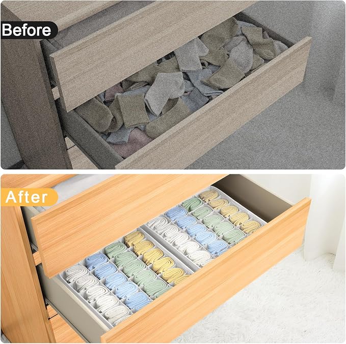 Joyoldelf Sock Drawer Organizer Divider Underwear Organizer 24-cell Fabric Dresser Drawer Organizers Storage Boxes for Socks Lingerie, Handkerchiefs, Ties 4 Pack (White) - Image 5