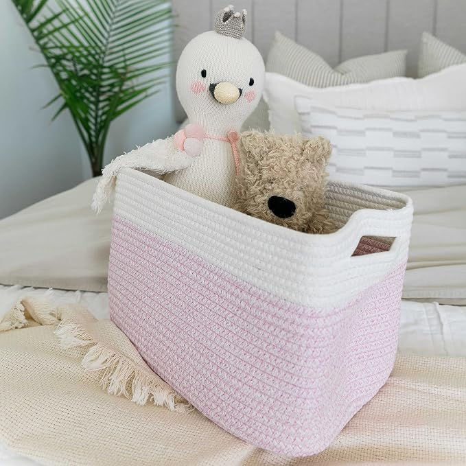 OrganiHaus Cotton Rope Basket for Shelf - Woven Storage Basket for Organizing, Closet & Toy Storage - Pink/Off-White - 15x9x10 - Image 5