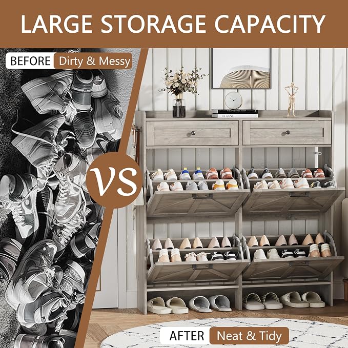 Shoe Cabinet with 4 Flip Drawers & 2 Top Drawers, 43" Tall Freestanding Narrow Wooden Shoe Storage Organizer for Entryway, Hidden Slim Shoe Rack for Front Door Entrance, Hallway, Living Room, Grey - Image 7