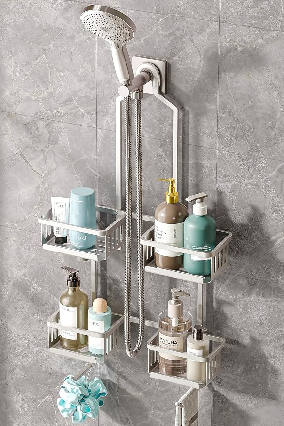 Aluminum Shower Caddy Hanging for Handheld Showerheads, Never Rust Shower Organizer with Hooks Holder Toothbrush Holder，Over Showerhead Caddy for Bathroom by BXINREDA