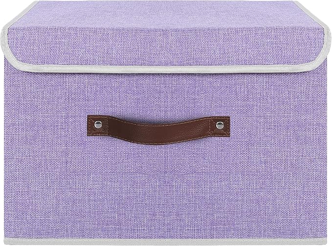 ANMINY 4PCS Storage Bins with Lid PU Leather Handles Storage Boxes PP Plastic Board Decorative Foldable Lidded Cotton Linen Fabric Home Cubes Baskets Closet Organizer Containers - Purple, Large Size - Image 5