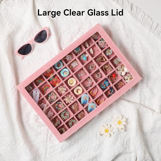 Frebeauty 48 Grid Jewelry Tray,Adjustable Earring Holder Organizer with Glass Lid,Velvet Drawer Jewelry Organizer for Rings,Studs,13.8 x 9.5 x 2 Inches Jewelry Display Box,Gift for Women(Pink) - Image 7