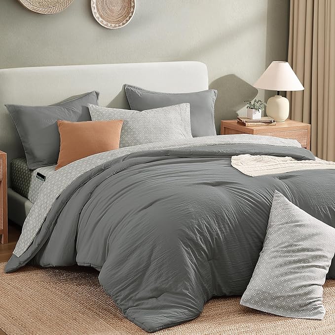Monbix Queen Comforter Set - 7 Pieces Granite Grey Prewashed Bed in a Bag Queen Bedding Sets with Comforters, All Seasons Ultra Soft Comforter Bed Set with Sheets,Pillowcases & Shams