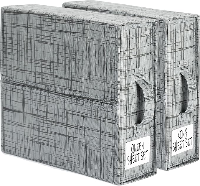 SUOCO SheetCube Bed Sheet Organizers and Storage 2 Pack, Foldable Linen Closet Organizer, Bedding Folder Storage Box Container for Blanket, Duvet Cover Set, Bed Sheet Set - Pattern Grey by SUOCO