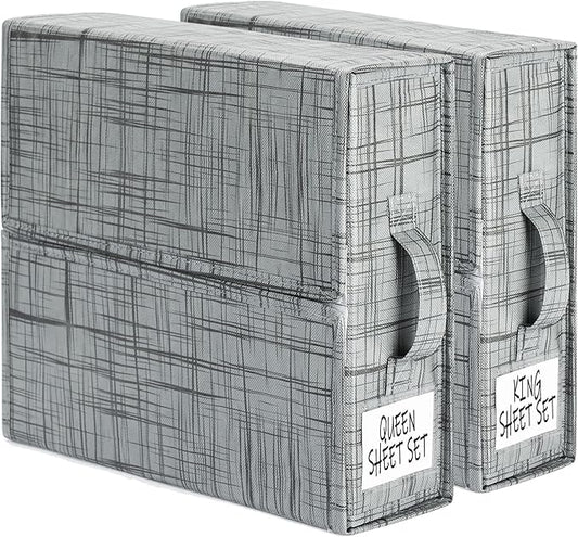 SUOCO SheetCube Bed Sheet Organizers and Storage 2 Pack, Foldable Linen Closet Organizer, Bedding Folder Storage Box Container for Blanket, Duvet Cover Set, Bed Sheet Set - Pattern Grey by SUOCO