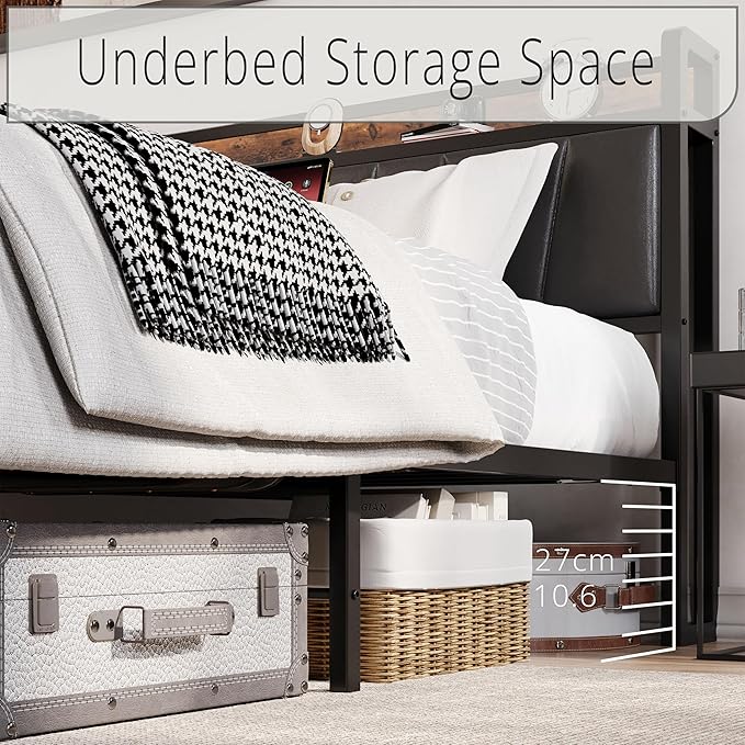 LIKIMIO Queen Bed Frame, Storage Headboard with Charging Station, Solid and Stable, Noise Free, No Box Spring Needed, Easy Assembly (Vintage and Black)