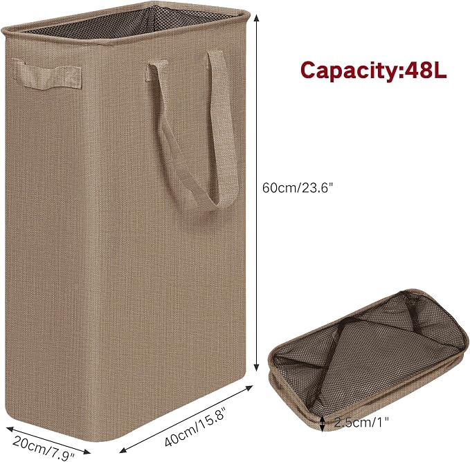 efluky Slim Laundry Basket, Narrow Laundry Hamper with Handles, Collapsible Dirty Clothes Hamper, Tall Laundry Bin for Laundry Room, Dorm and Bedroom, 12.7 Gallons(48L) Flax Brown - Image 2