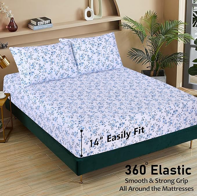 RUVANTI 100% Cotton Sheets – California King Percale Bedding, Cooling & Breathable Floral Design, Durable with a Crisp, Soft & Comfortable Feel, 14" Deep Pocket, 4-Piece Set, Annual