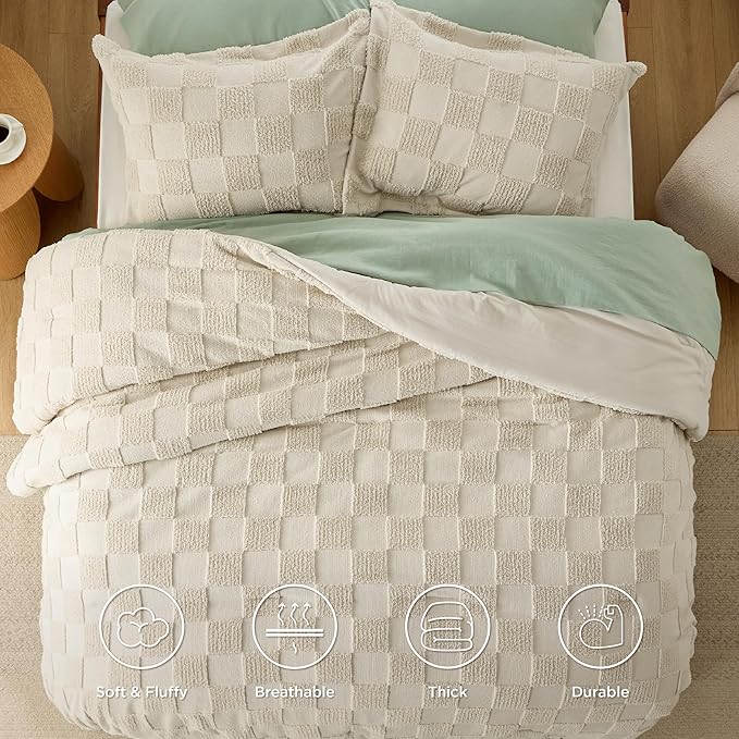 Bedsure Queen Size Comforter Set Dusty Rose, Boho Tufted Bed Set, Checkered Farmhouse Shabby Chic Bedding, 3 Pieces, 1 Plaid Geometric Comforter and 2 Pillow Shams
