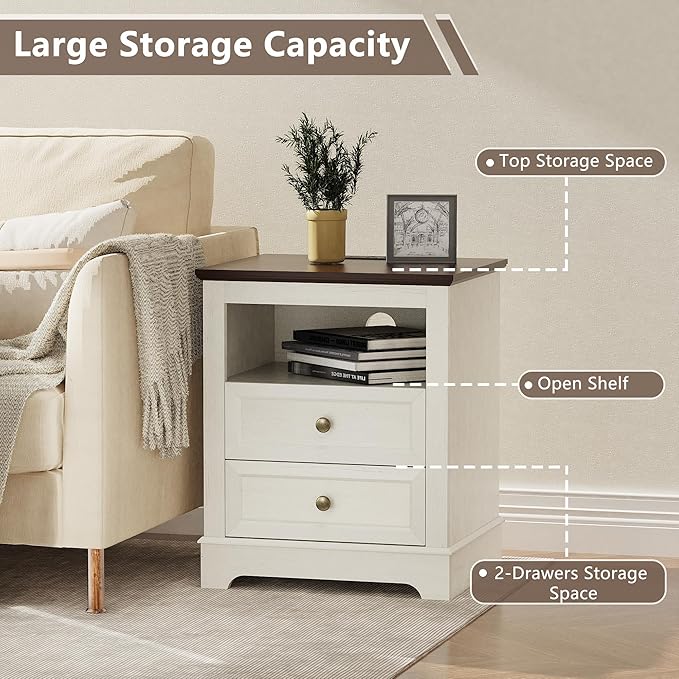 KIGOTY Farmhouse Bedroom Set, 3 Pcs Dresser and Nightstand Sets, 5 Drawer Dresser & 2 Drawer Nightstand Set with Charging Station,Rustic Wood Bedroom Furniture Set for Home,White