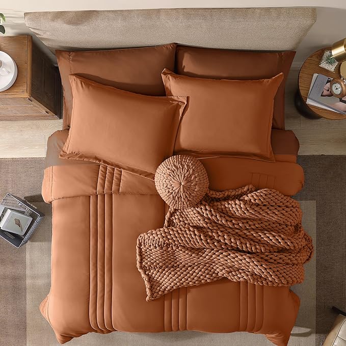 Monbix Oversized Queen Comforter Set - 7 Pieces Burnt Orange Bed in a Bag Oversized Queen Bedding Sets with Comforters, All Seasons Comforter Bed Set with Sheets, Pillowcases & Shams