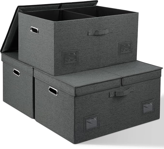 Graciadeco 75 Quarts Extra Large Decorative Storage Bins with Lids, 3 Packs Dark Gray Collapsible Storage Bins with Lids, Stackable Storage Bins Decorative Box Storage With Lid Extra Large by GraciadecoStorage
