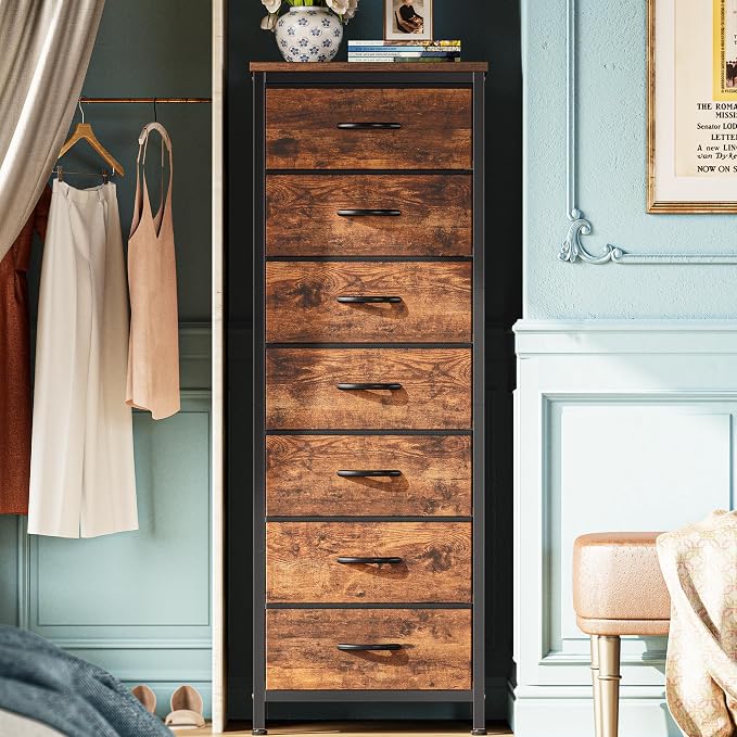 Huuger Tall Dresser for Bedroom, 7 Drawer Dresser & Chests of Drawers, Fabric Drawer for Closet, Bedroom, Night Stand, Metal Frame, Storage Tower with Fabric Bins, Rustic Brown by Huuger