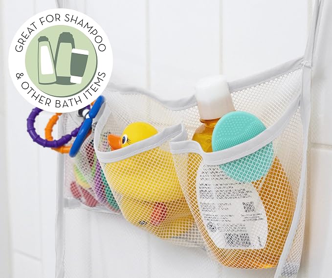 S&T INC. Bath Toy Storage Net with Pockets for Tub, Shower Caddy Holds Baby and Kids Toys, Soap, or Shampoo, Hooks Included, 14 Inch by 20 Inch, White, 1 Pack - Image 5