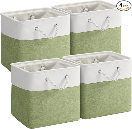 12 x 12 Inch Cube Storage Bins, 4 Pack Fabric Storage Basket with Handles, Foldable Boxes Organizer for Shelf Baskets for Home, Clothes (White/Green) by VQRTEXAStorageBasket