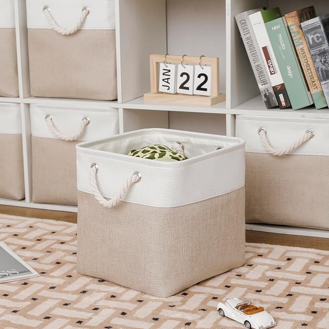 MidmmVick 13 x 13 Inch Cube Storage Bins, 6 Pack Extra Large Collapsible Fabric Storage Bin with Ropes, Foldable Storage Cubes for Home (White & Beige-13"x13"x13") - Image 4
