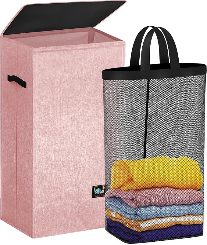 WTREE Laundry Hamper with Lid, Reinforced Sturdy Clothes Hamper with Anti-Puncture Base, Large Collapsible Laundry Basket with Removable Liner Bag, Tall Dirty Clothes Bin for Family, 100L Pink by WTREE