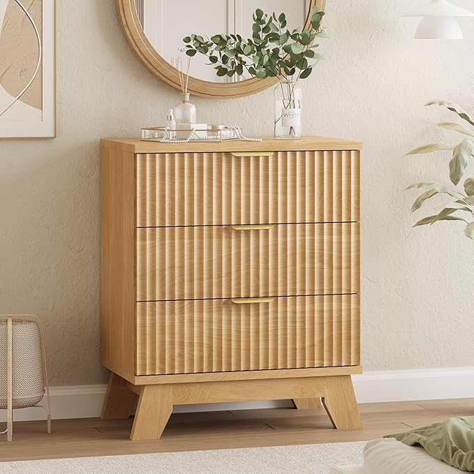 Fluted Dresser for Bedroom with 3 Drawers, 24" Wide Modern Chest of Drawers with Metal Handle, Wooden Dresser TV Stand, Wood Closet Clothes Storage Organizer for Living Room, Hallway, Natural Oak