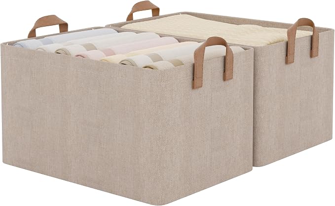 StorageWorks Storage Bins, Fabric Storage Bins for Shelves, Large Storage Baskets with Metal Frame, Closet Baskets and Bins with Handles, Brown and Beige, 2-Pack by StorageWorks