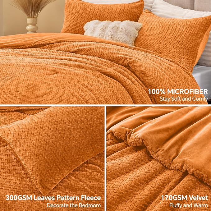Flannel Fleece Twin Comforter Set - Furry Burnt Orange Leaves Pattern Faux Fur Bed Set, Winter Ultra Soft Fuzzy Comfort Set, Velvet Bedding Set for Bed with 1 Pillow case