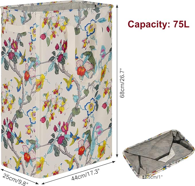 efluky Slim Laundry Basket, Narrow Laundry Hamper with Handles, Collapsible Dirty Clothes Hamper, Tall Laundry Bin for Laundry Room, Dorm and Bedroom, 19.8 Gallon (75L) Floral - Image 2