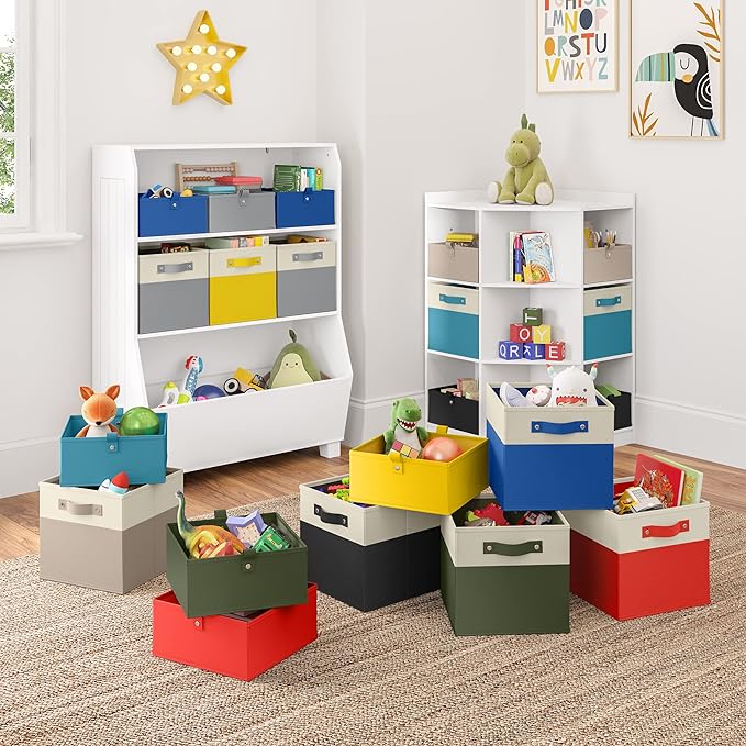 RiverRidge Kids 6pc Folding Storage Bins Set - 10.5”W x 5”H Fabric Boxes with Handles for Closet Organizer & Storage - Olive Cube Storage Organizer for Toys, Clothes & Crafts - Fits RiverRidge Shelves - Image 2