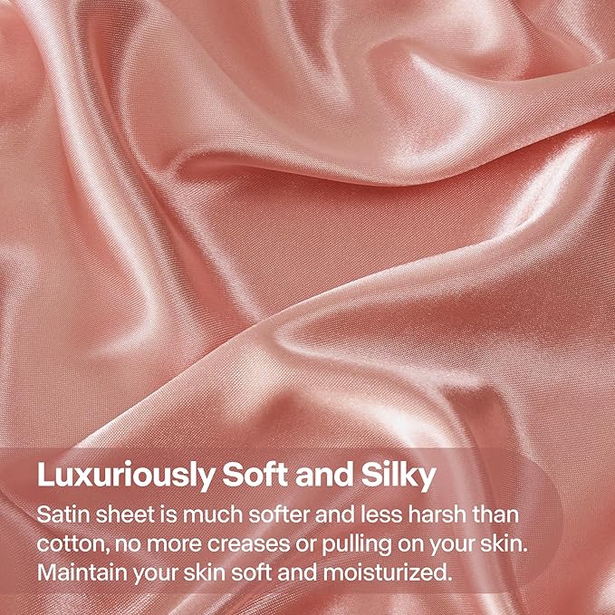 BEDELITE King Size Sheets Set, Luxury Soft Rose Pink Satin Sheets for Hair and Skin, Similar to Silk Bed Sheets Set 4 Pieces with 1 Deep Pocket Fitted Sheet, 1 Flat Sheet, and 2 Pillowcases