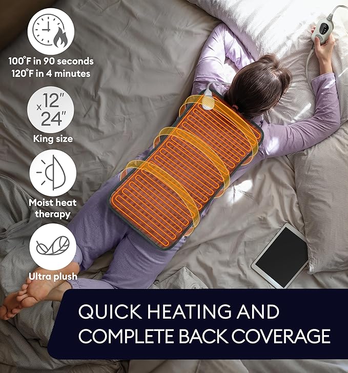 GENIANI Electric Heating Pad for Back Pain & Cramps Relief, Electric Throw, Auto Shut Off, Machine Washable, Moist Heat Pad for Neck & Shoulder, Extra Large 24x12