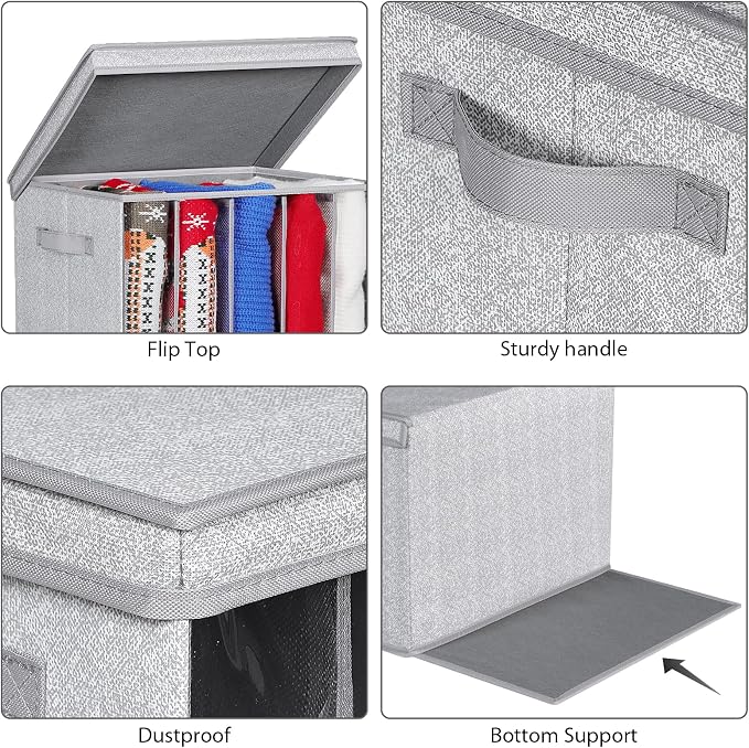 Zilink Upgraded Sweater Storage for Closet Shelf with Lids and Support Boards Clothes Organizer for Closet with 5 Grids Divider Sweater Organizers for Sweaters, Jeans, Pants, Grey Pattern, 3 Pack - Image 3