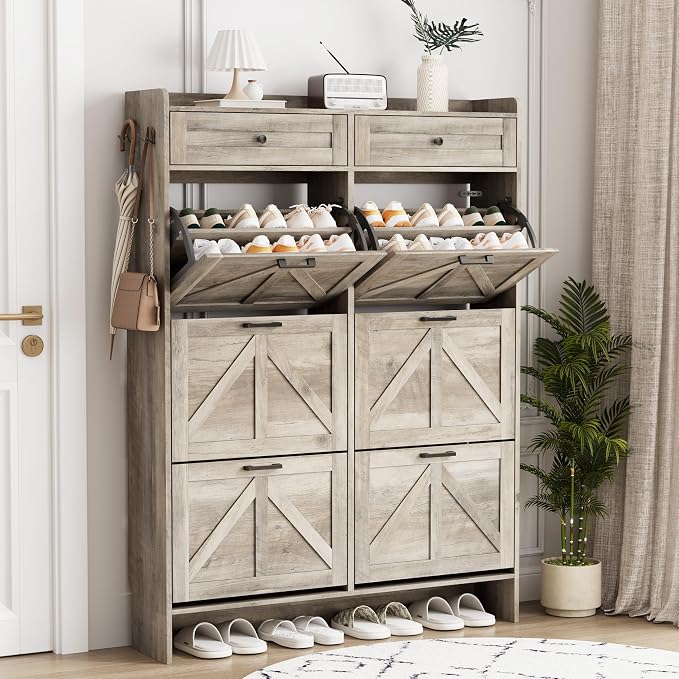 Shoe Cabinet with 6 Flip Drawers & 2 Top Drawers, 57" Tall Freestanding Narrow Wooden Shoe Storage Organizer for Entryway, Hidden Slim Shoe Rack for Front Door Entrance, Hallway, Living Room, Grey by Xixini