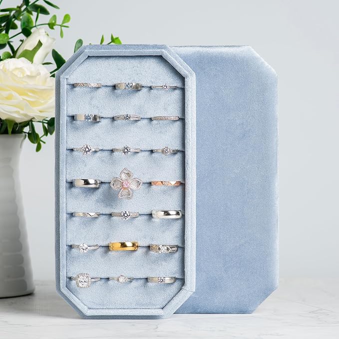 Velvet Ring Organizer Display Tray Jewelry Box Earring Holder Case for Wedding Birthday Christmas Day (Light Ocean Blue) - Image 5