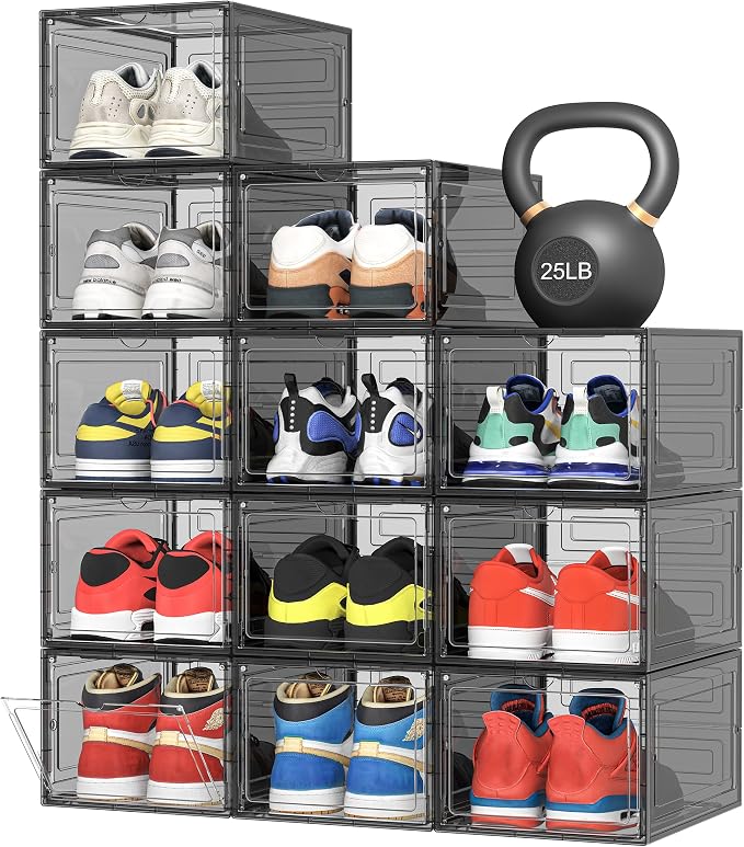 Pinkpum Upgraded Hard Shoe Storage Box 12 Pack X-Large Fit Size 12, Thicken & Sturdy Clear Plastic Stackable Shoe Organizer Box Closet, Sneaker Storage Display Case with Magnetic Door Black by Pinkpum